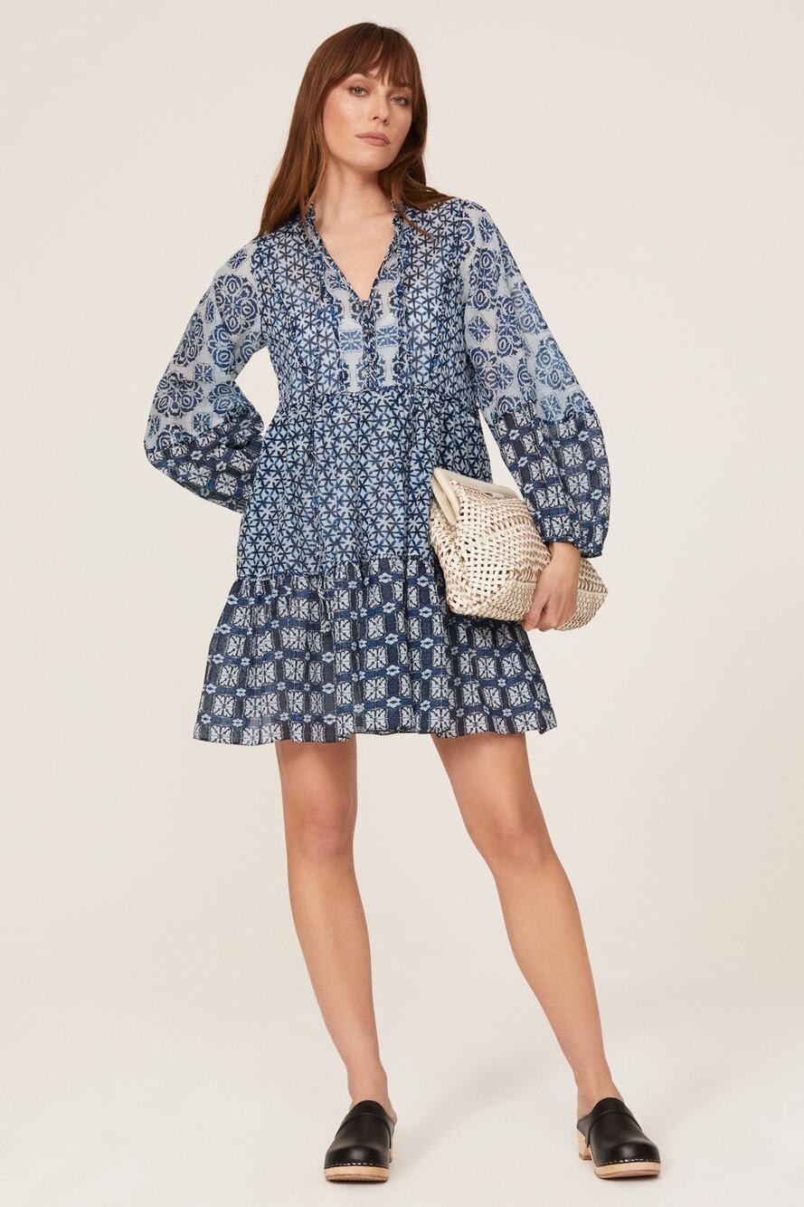 MAJE Women's Blue Patchwork Print 100% Cotton Crewneck Shift Dress Size 40